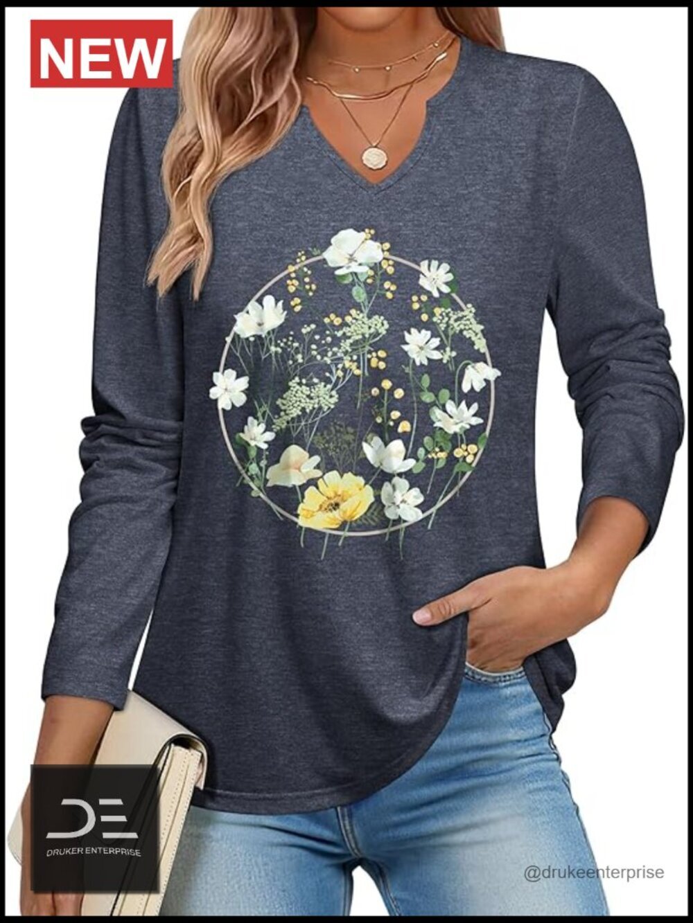 Long Sleeve Floral V-Neck Tee Boho Graphic T-Shirt Casual Loose Fit